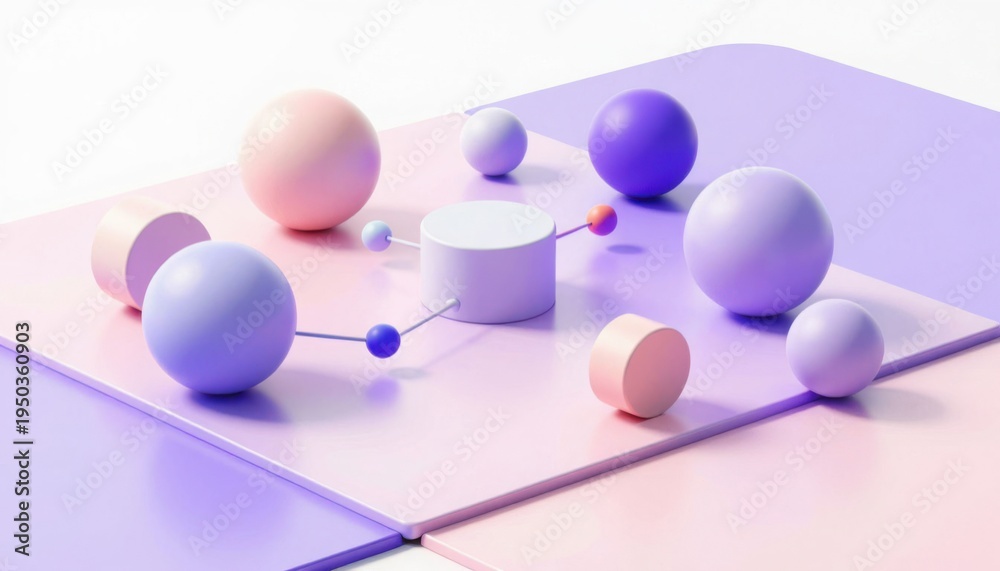 Obraz premium 3d spheres connected on geometric grid with soft pastel lighting and futuristic design elements
