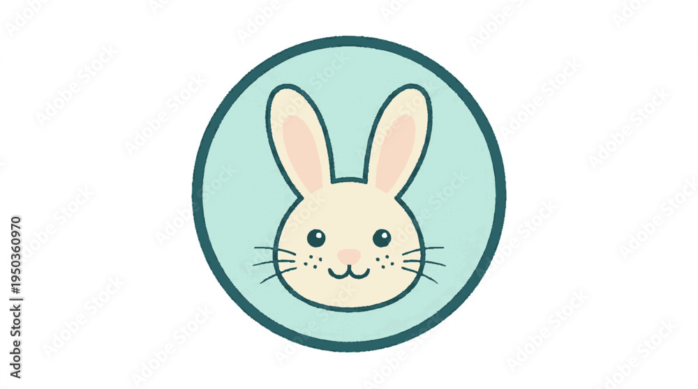 Fototapeta premium Cute beige bunny face badge with long ears and a smile in a teal circular frame vector illustration