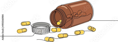 Continuous line drawing of an open brown medicine bottle tipped over, with several yellow capsules spilled out onto a clean white surface next to its detached cap.