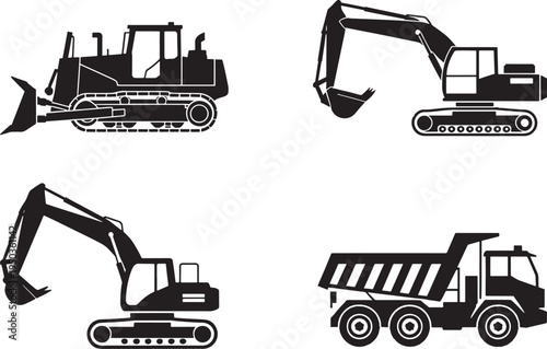 black and white construction vehicles icons set