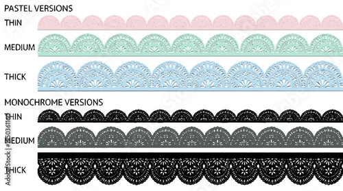 Seamless decorative scalloped border trim vector patterns in pastel and monochrome versions showcasing thin medium and thick designs