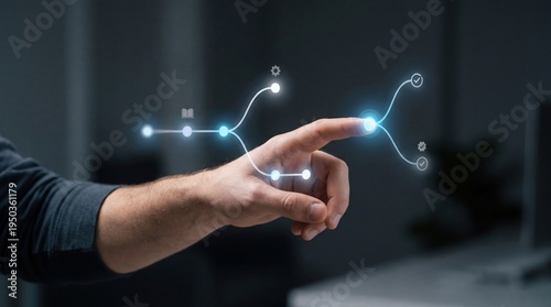 Upskilling and reskilling - A realistic cinematic medium close-up of a hand interacting with a glowing node on a floating personalized learning pathway with milestone checks.