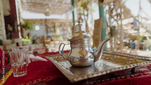 A silver teapot sits on a decorative tray on a table with glasses. The setting is outdoors under a thatched roof, with a Moroccan vibe. This scene evokes feelings of hospitality, relaxation,