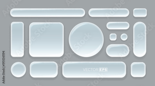 Modern glassmorphism UI element set with transparent frosted glass effect.
