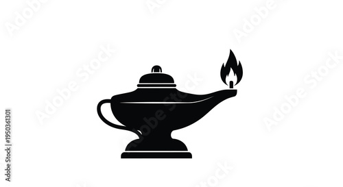 A simple black silhouette depicts an antique oil lamp with a prominent curved spout and lit flame high quality