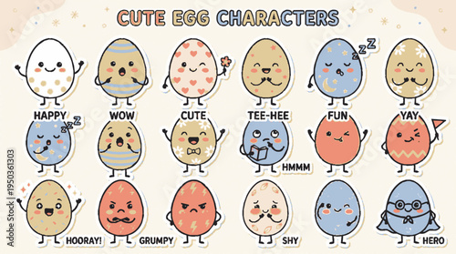 Collection of delightful hand drawn cute egg characters with expressive faces and varied emotions set against a soft textured pastel