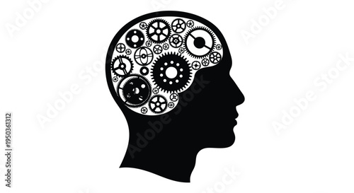 This graphic depicts a human head in profile with the brain area filled with intricate gears high quality professional