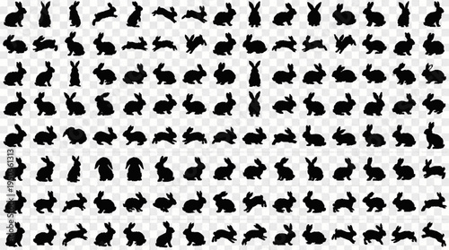 Collection of diverse black rabbit silhouettes in various poses and actions isolated on transparent background ideal for easter and spring