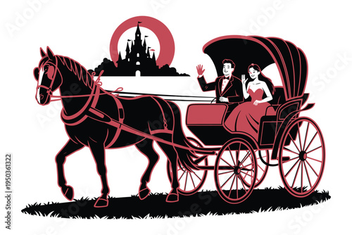 Victorian couple in horse-drawn carriage near castle silhouette on pink moon background waving happily in formal attire representing fantasy journey