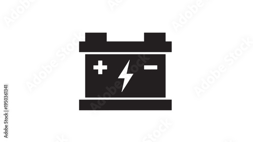 Battery car icon with positive and negative terminals and lightning bolt for energy, a simple black and white graphic symbol.