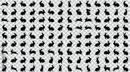 Monochrome silhouette collection of numerous rabbits in various dynamic poses and actions isolated on a transparent background ideal