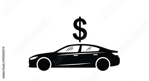 A stark black silhouette depicts a modern car with a prominent dollar sign above it symbolizing cost high quality