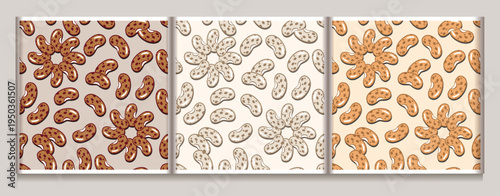 Set of seamless repeating patterns with randomly scattered pinto beans. Minimalist flat vector icons on light background. Some beans are arranged in flower shape. For food packaging, textile prints