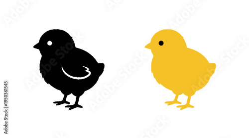 Two chicks standing side by side in black and yellow silhouette on white background