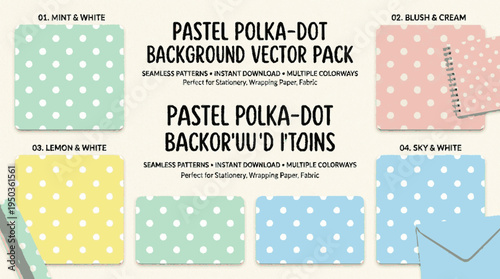 Pastel polka dot background vector pack with multiple color options for design