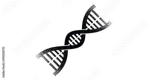 A stylized black and white illustration depicts a double helix structure representing deoxyribonucleic acid or dna and genetic coding