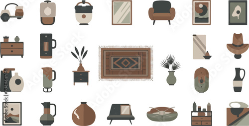 Flat illustration of home decor items in earthy tones