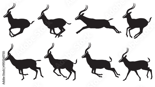 Gazelles running silhouettes captured in various dynamic poses, showcasing graceful movement against a white background.