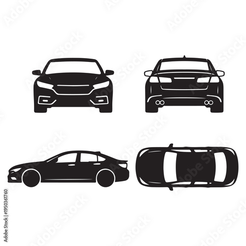 Car Silhouette Blueprint – Front, Rear, Side & Top View Vector