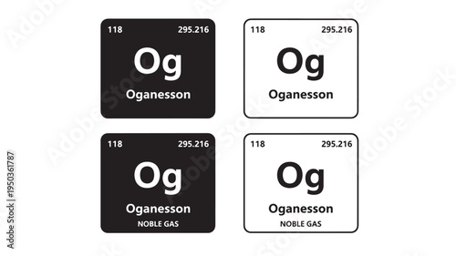 Oganesson element tiles in black and white with atomic number and atomic mass featuring Og, periodic table, chemistry with science and noble gas