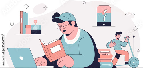 Modern flat illustration of diverse people engaged in learning and recreation