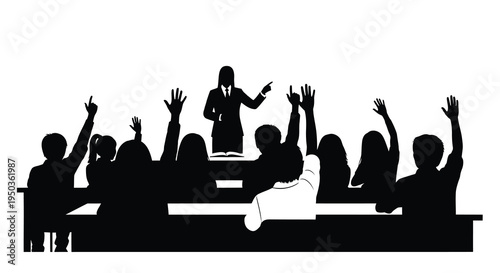 A silhouetted classroom scene depicts a teacher addressing students with raised hands suggesting active participation and questioning high quality