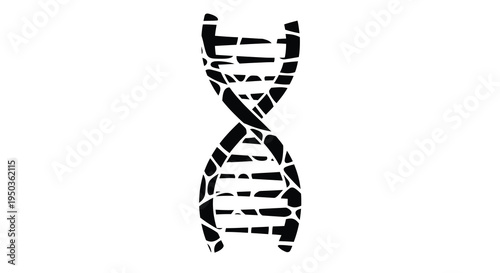A striking black and white graphic depicts a stylized double helix representing deoxyribonucleic acid and genetic structure high quality