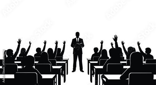 A silhouetted image depicts a teacher addressing a classroom full of students raising their hands high quality professional detailed