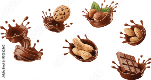 Chocolate splash illustration set with cookies, peanuts, almonds, mint leaves and chocolate bar, sweet dessert elements for confectionery design, food branding and packaging