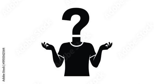 A stark black silhouette depicts a person with a question mark for a head gesturing in confusion high quality