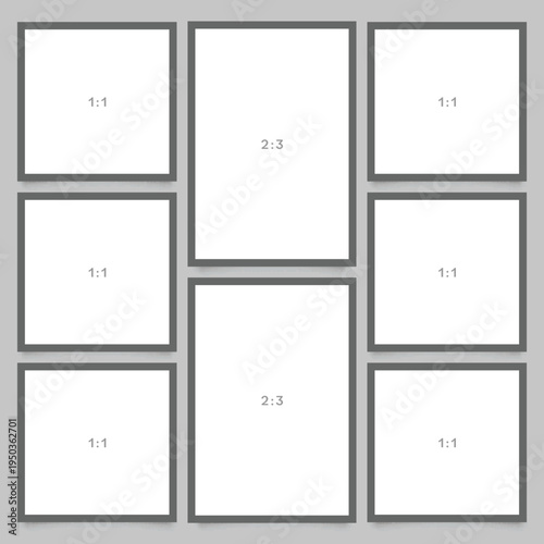 8 Blank Photo Frames Collage Mockup Vector, 1:1 Square and 2:3 Vertical Rectangle Grid Layout Gallery Wall