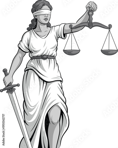 Lady Justice statue, blindfolded woman holding scales and sword, symbol of law, justice, balance, legal system, court authority illustration concept