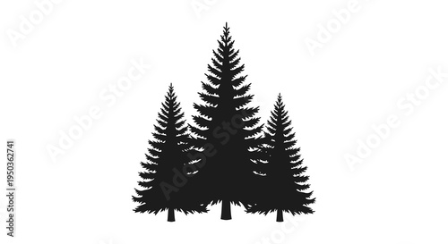 A striking silhouette depicts three evergreen trees against a plain white background representing a peaceful forest scene high quality