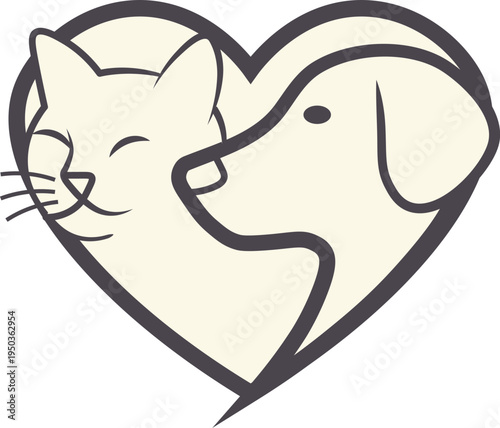 Illustration of a cat and dog nuzzling inside a heart on a white background, symbolizing friendship and affection for pet lovers in a simple line art style with black outlines and beige