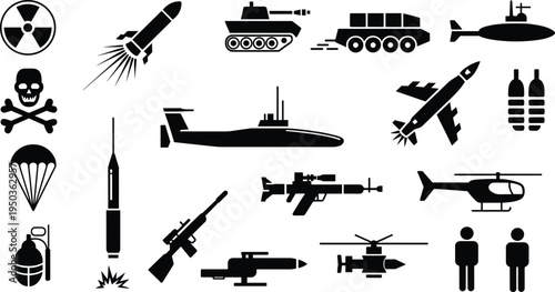 Military weapons and warfare icons set including missiles, tank, submarine, helicopter, rifle, grenade, nuclear symbol silhouette collection illustration