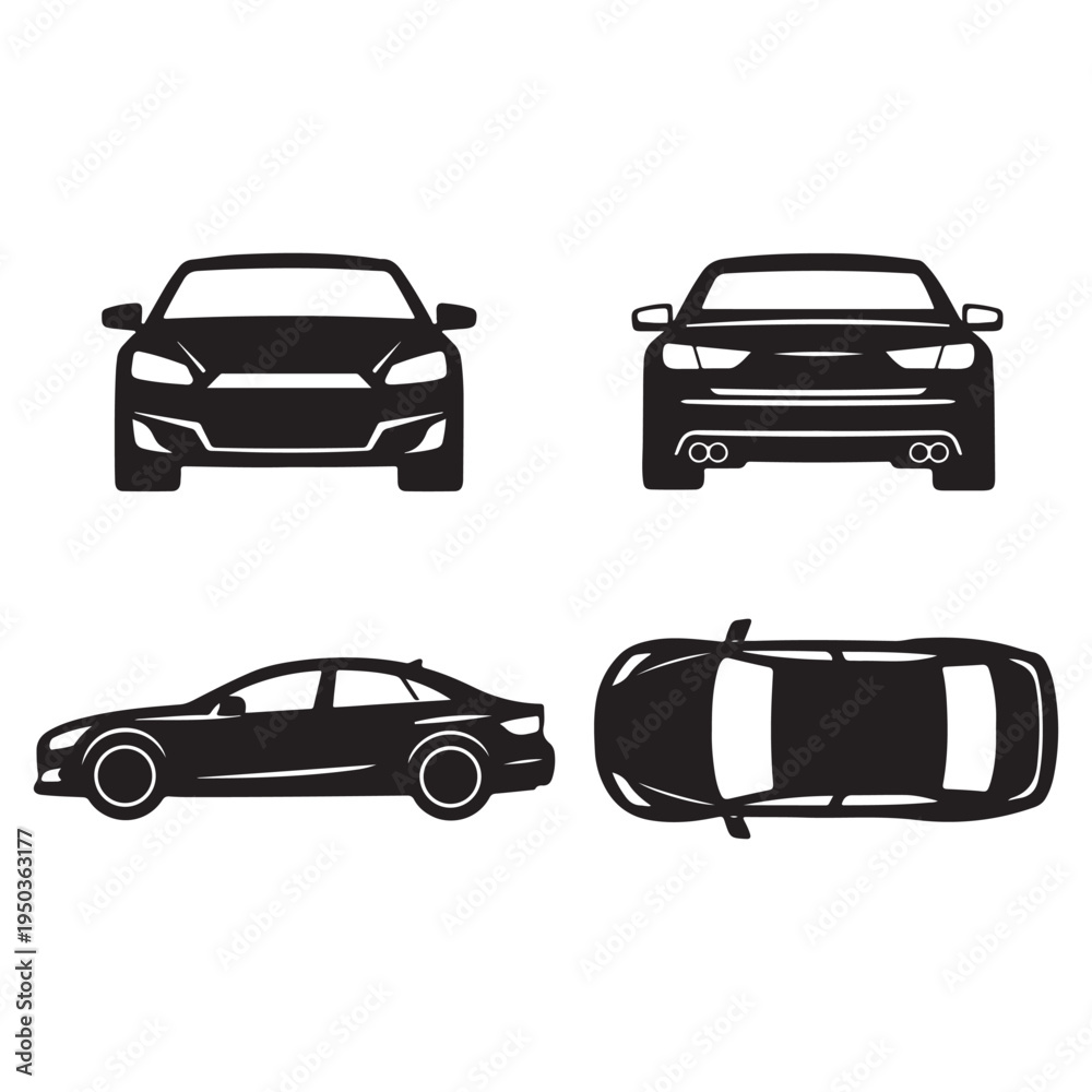 Obraz premium Car Silhouette Blueprint – Front, Rear, Side & Top View Vector