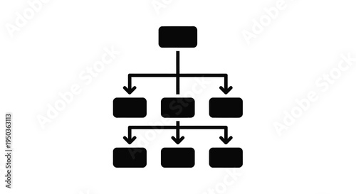 A minimalist black and white graphic depicts a hierarchical structure with a central block and branching connections high quality