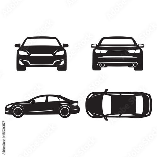 Car Silhouette Blueprint – Front, Rear, Side & Top View Vector