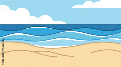 A wonderfully tranquil and aesthetically pleasing cartoon illustration of a serene ocean beach scene with gently rolling waves meeting the soft golden sand, all beneath a bright blue sky adorned