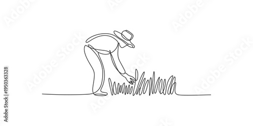 Continuous line drawing of a man working in a field or garden with a hat