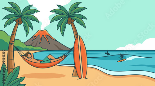 This delightful cartoon illustration captures the essence of a serene tropical beach vacation, featuring a person blissfully relaxing in a hammock strung between two lush palm trees, with a surfboard 