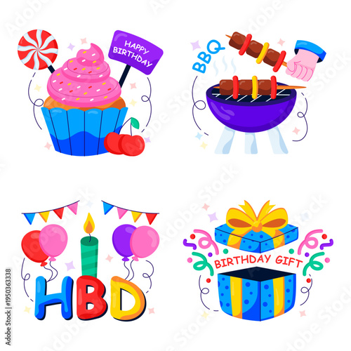 Set of Birthday and Celebration Flat Illustrations