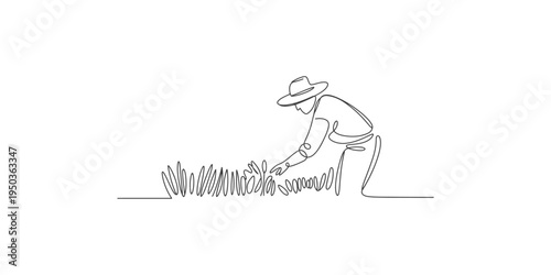 Continuous line drawing of a person gardening with a hat on outdoors one art single