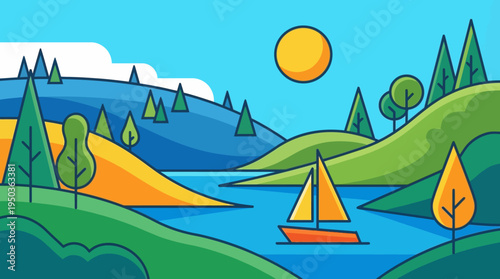 A beautiful minimalist vector illustration depicting a peaceful natural landscape with a vibrant blue lake, a solitary orange sailboat, rolling green and yellow hills dotted with various stylized tree
