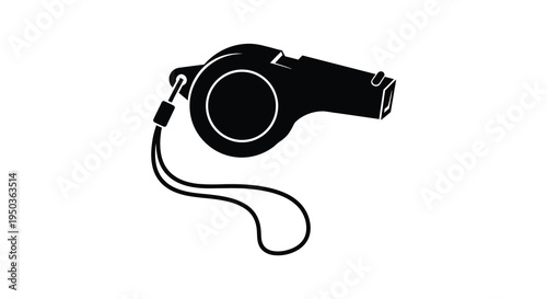 A stark black silhouette depicts a sports whistle with a lanyard symbolizing authority signaling and athletic competition high quality