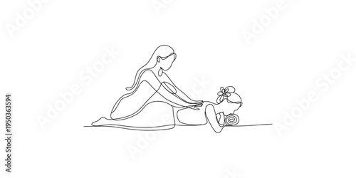 Continuous line drawing of woman giving child a massage one girl spa relaxation yoga wellness