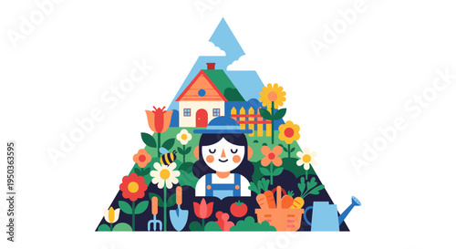 Charming flat illustration depicting a happy female gardener surrounded by vibrant flowers, gardening tools, a cozy house, and a fence, symbolizing a peaceful and productive home garden.