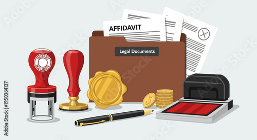 Legal Documents, Affidavit, Stamps, Wax Seal, Coins, and Pen - Business and Law Concept