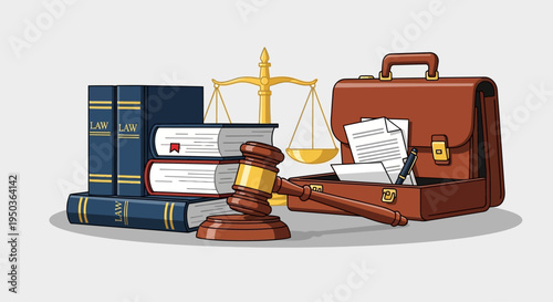 Lawyer's briefcase, gavel, and law books with scales of justice, symbolizing legal profession and justice.