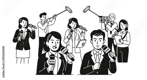 Journalists Reporting News Live, Media Crew Filming Event with Cameras and Microphones
